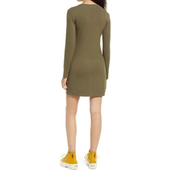 BP Women Fitted Ribbed Olive Dress BNWOT Sz XSmall Front Slit Long Sleeve - Picture 8 of 8